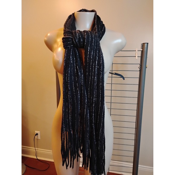 Accessories - Black Knit Scarf Silver Metallic Pinstripe Fringe Trim Winter Wrap 72x10